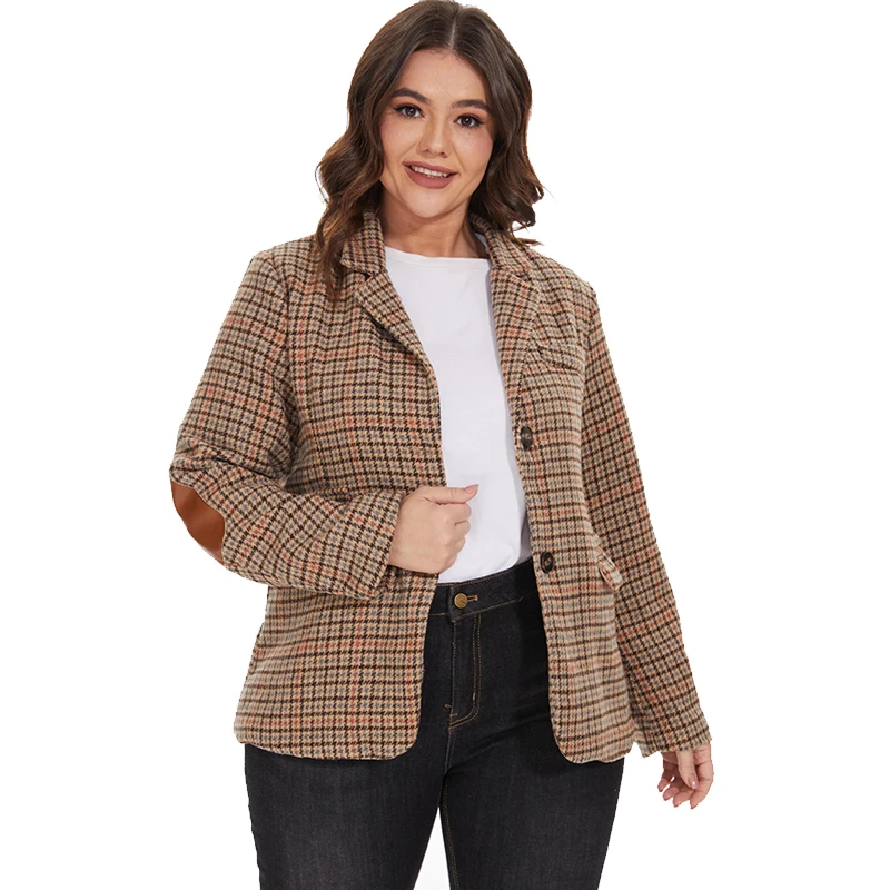 Vangull British Style Slim Women Plaid Blazers Patch Elbow Patchwork Female Classic Suit Coat Ladies Single Breasted Outwear