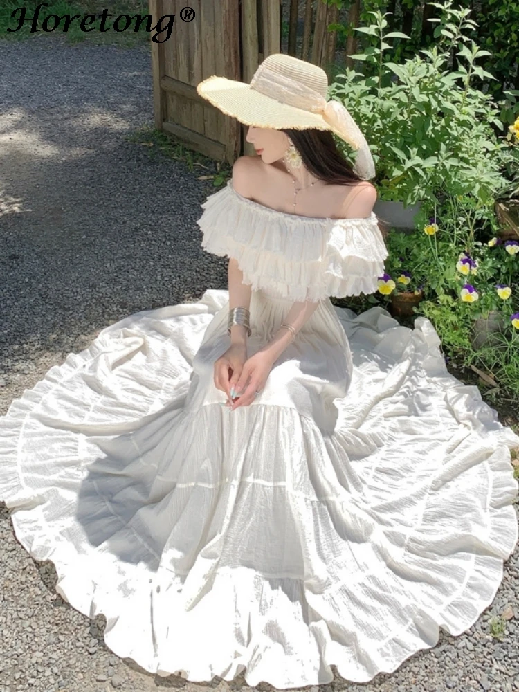 Horetong vestido francês elegante para mulheres, três camadas, borda com babados, pescoço grande, balanço, vestidos longos, novo vestido de férias de verão