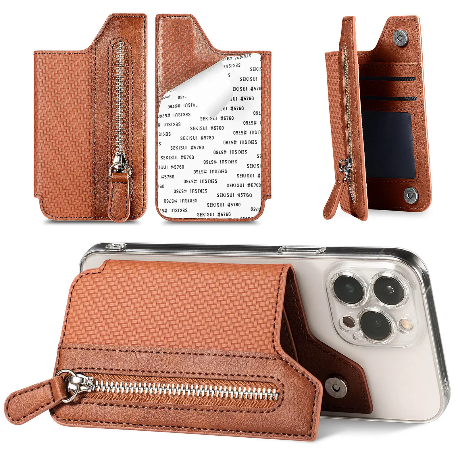 

PU Leather Card Holder Wallet Case with Zipper Self-Adhesive Phone Holder for Phone Cases Lzukb