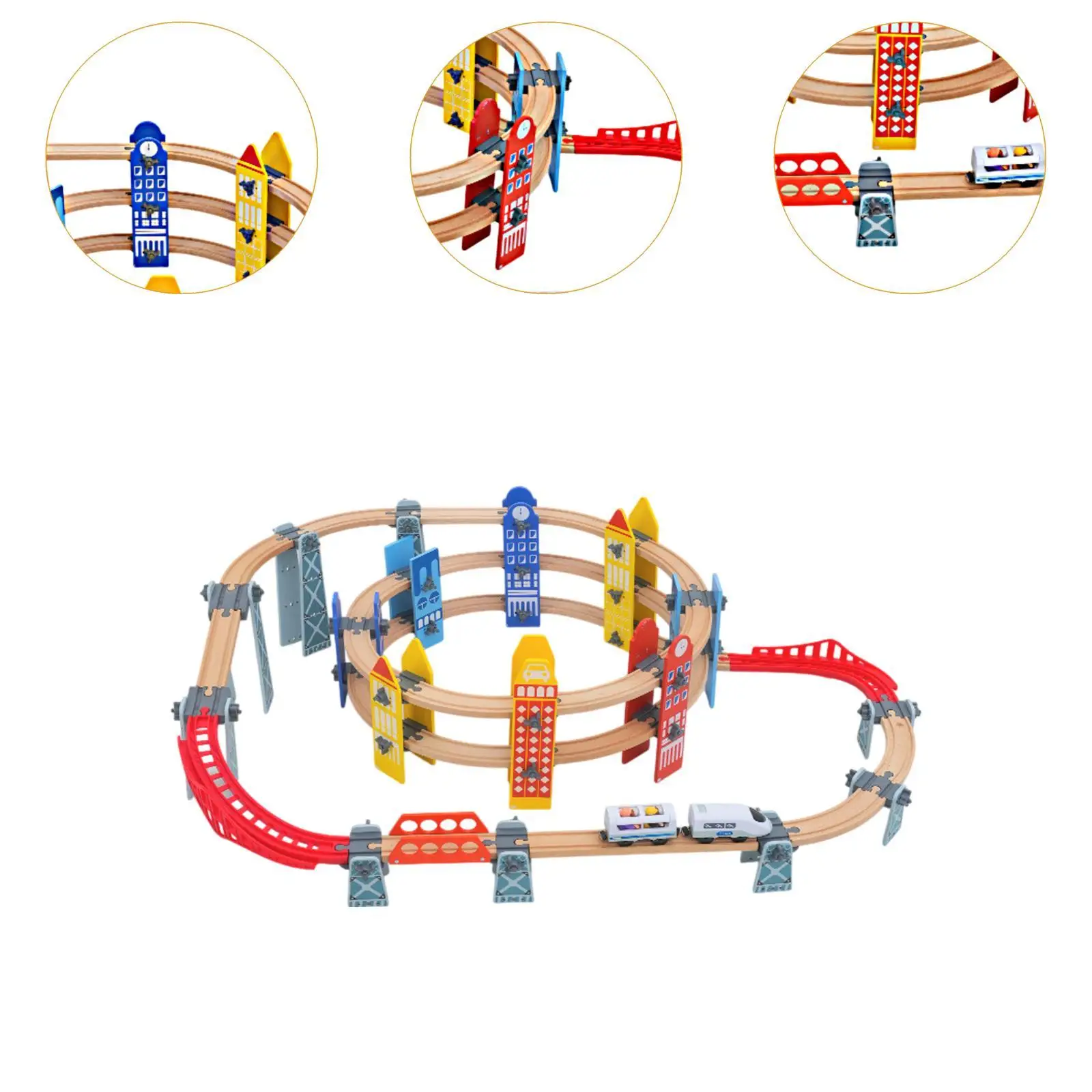 Conjuntos de trem e pista de madeira, brinquedo de viagem, conjunto ferroviário com ponte para idades de 3 + anos, pré-escolar, jardim de infância, crianças, suprimentos para festas