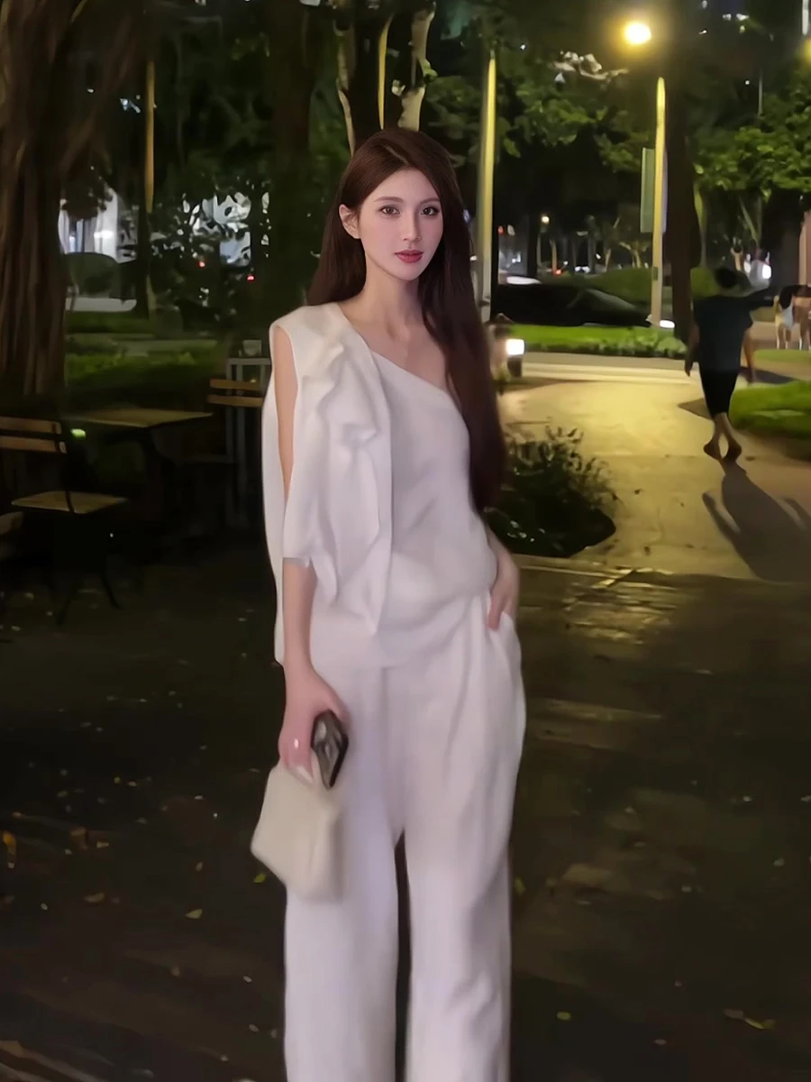 

Elegant Cotton Linen Sleeveless Shoulder Bared Slant Collar High Waist Casual Pants Set for Women Summer 2026 New Arrival