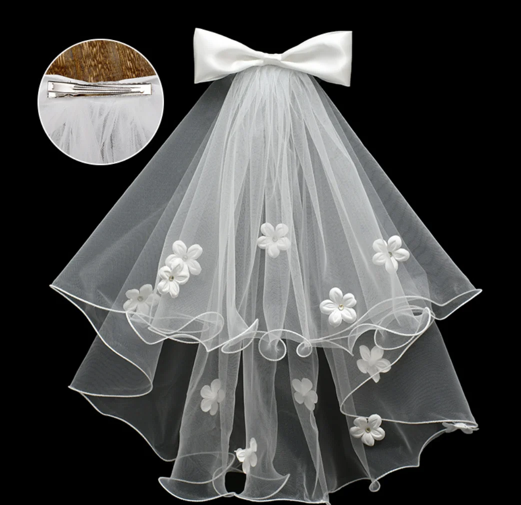 Elegant Wedding Veils For Bride 2 Tier Ribbon Tulle Pearls Bow Short Bridal Veils Headdress Bride To Be Veil With Clip