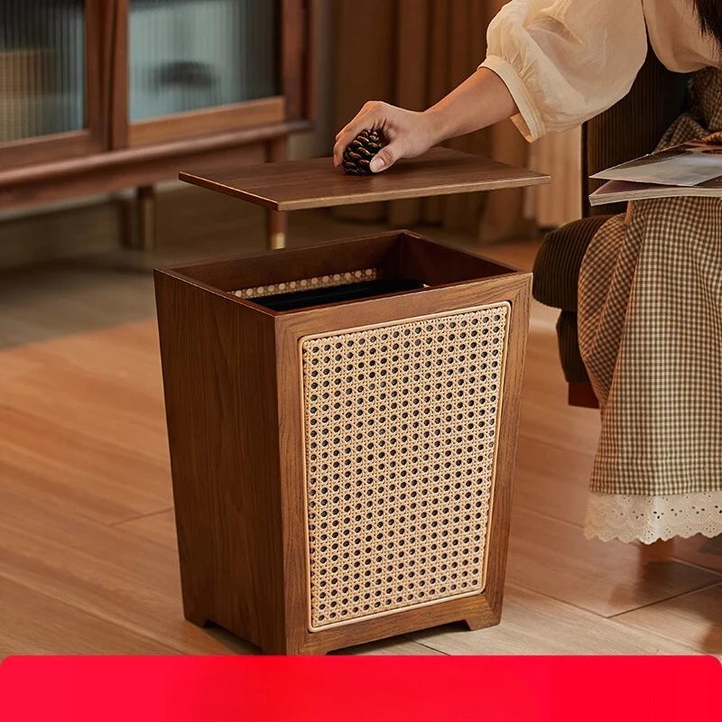 

Wooden rattan office trash can high value household living room Chinese bedroom kitchen large garbage storage tank