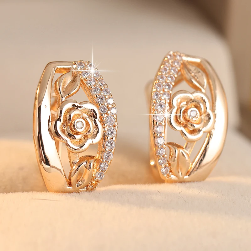 Gorgeous Inlaid White CZ Flower Dangle Women's Earrings Trendy Golden Color Hand Carving Daily Wear Party Jewelry