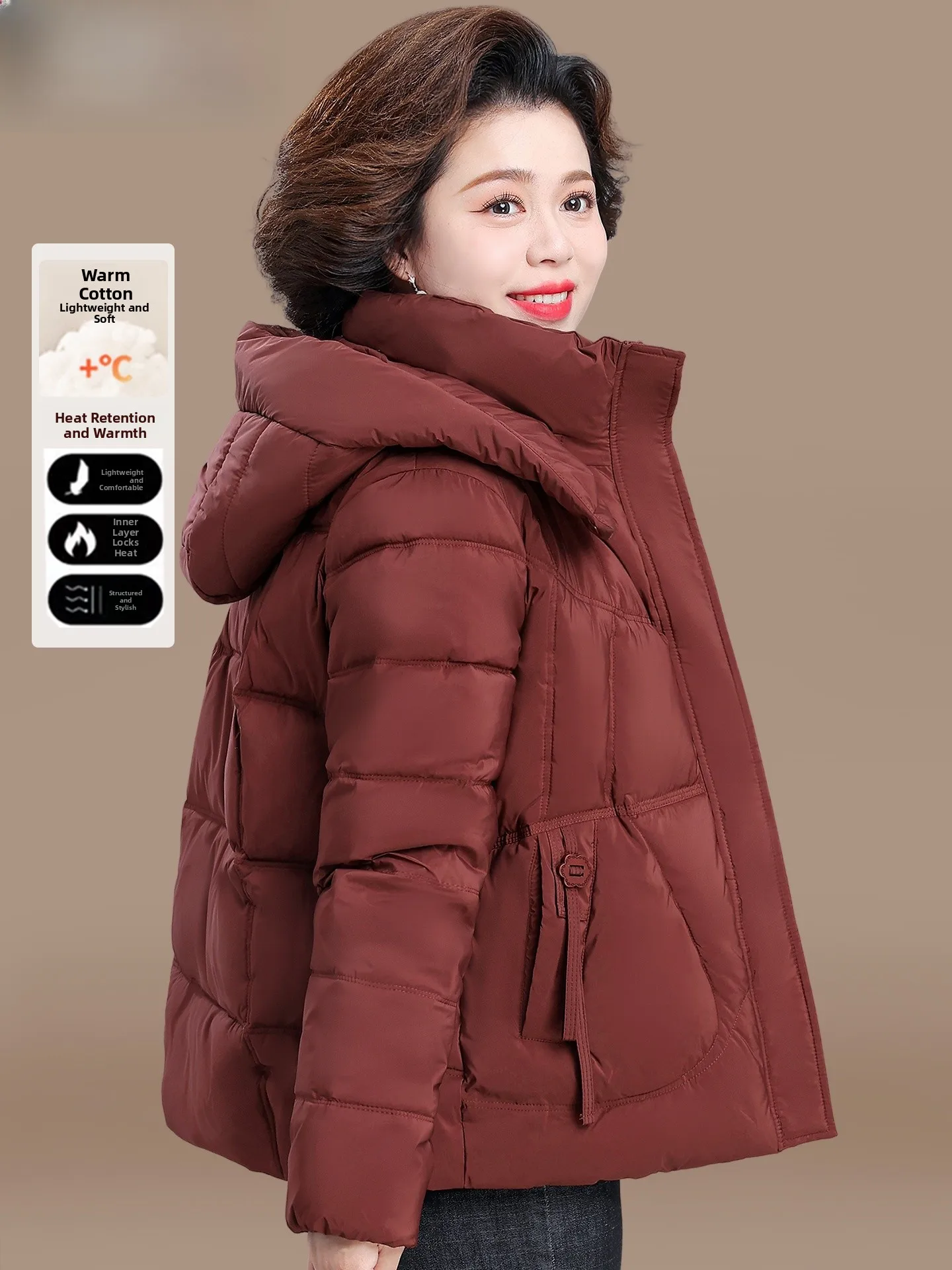 

Sli Warm Cotton Jaet Winter Coat for Middle-Aged And ly Women Polyester Fiber Fillings Stand Collar Zipper Design