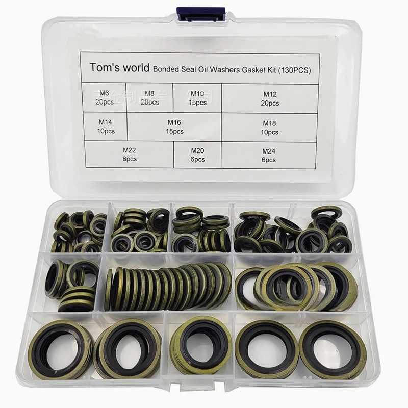 130PCS M6-M24 NBR Bonded Sealing Washer Kit, Rubber & Carbon Steel Composite O-Ring Gaskets for Auto Oil Drain＆Hydraulic System