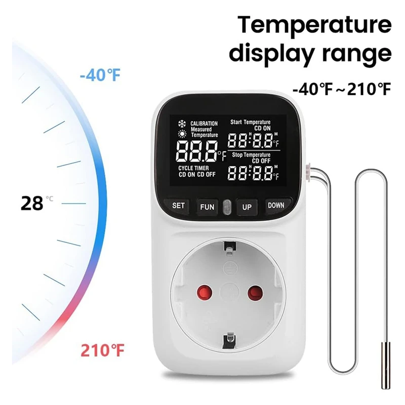 Digital Plug In Thermostat Outlet120v Heating Cooling Control 110V 15A Celsius Fahrenheit Display,For Greenhouse US Plug