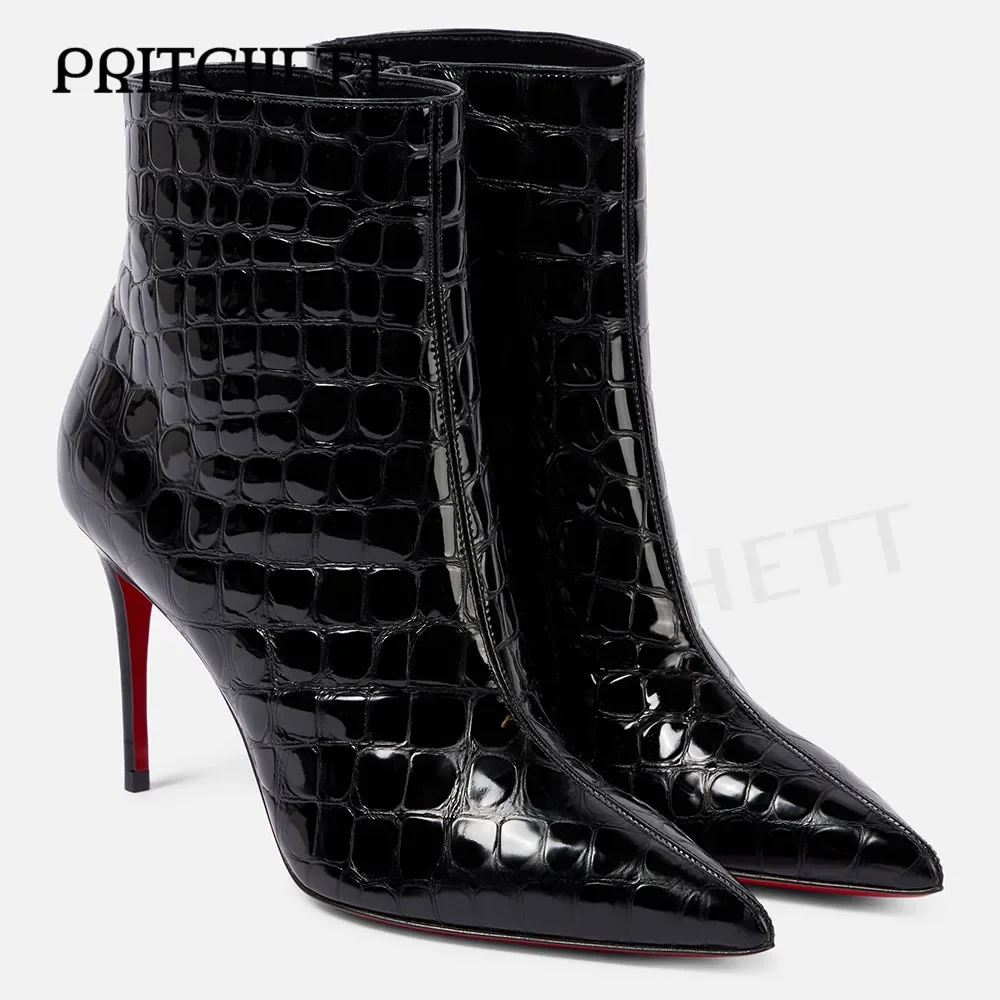 

Black Plaid Pointed Toe Ankle Boots Side Zipper Stiletto Pull-On Fashion Short Boots Women Stylish Sexy Chelsea Boots