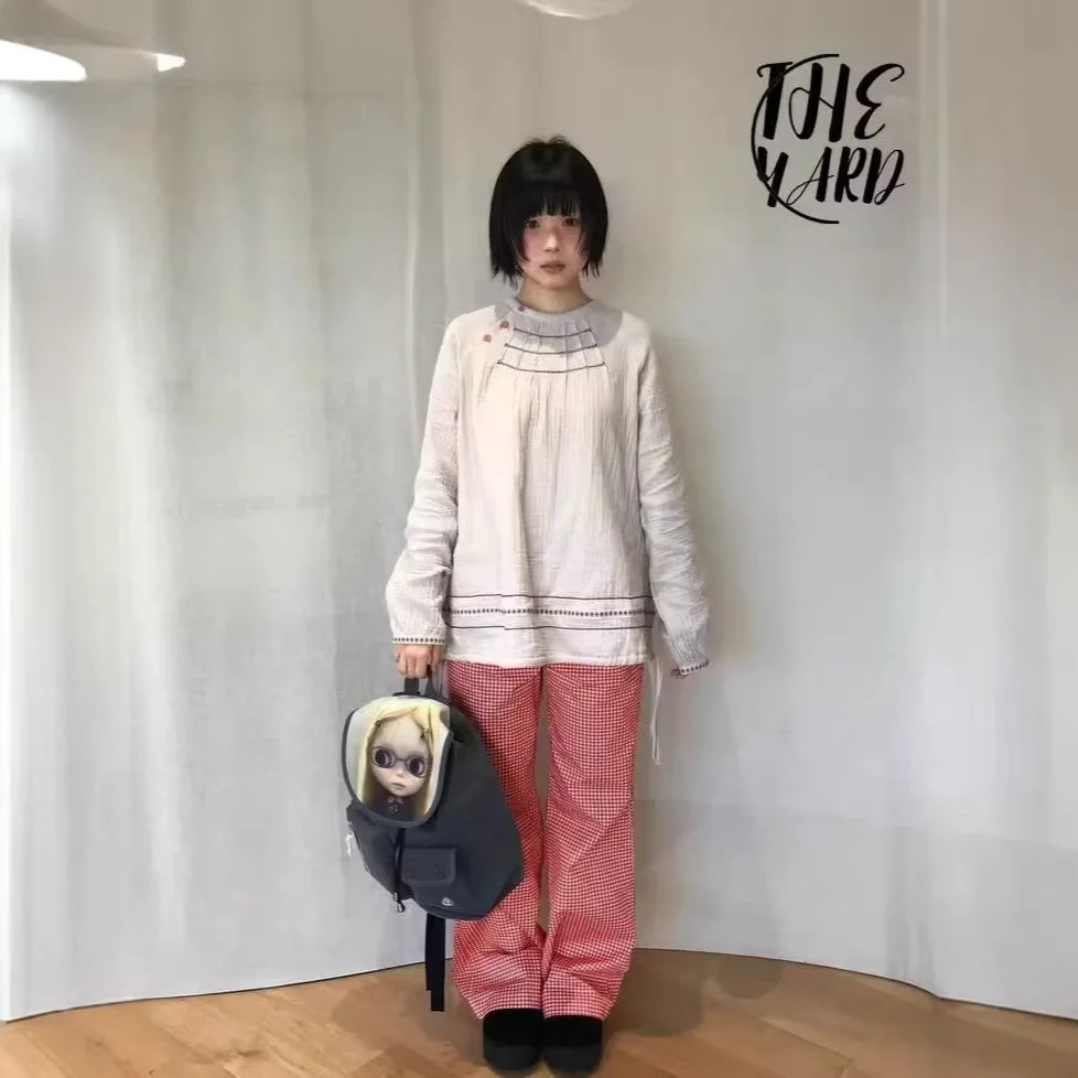 

Loose Casual Long Sleeve round Neck Splice Women's Shirt Korean Style Cotton Material Drawstring Pleated New Autumn Fashion