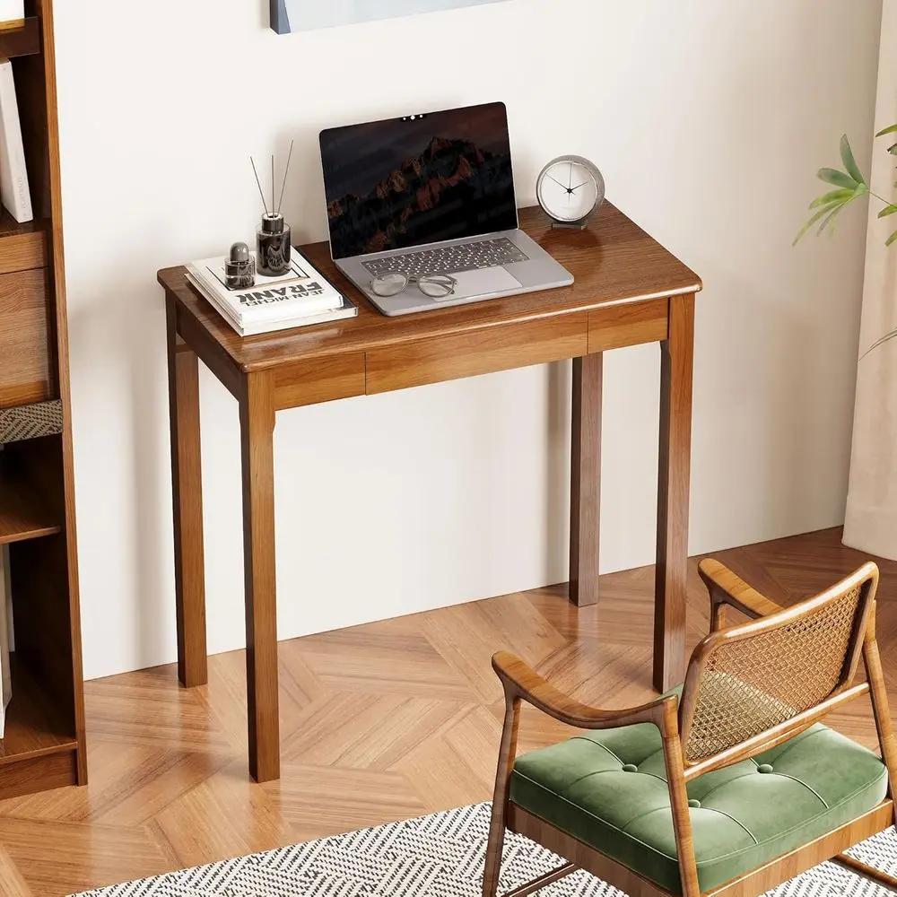 مكتب خشب مطاطي حديث من خشب الجوز مقاس 32 × 16 في منتصف القرن مع أدراج للمساحات الصغيرة #4