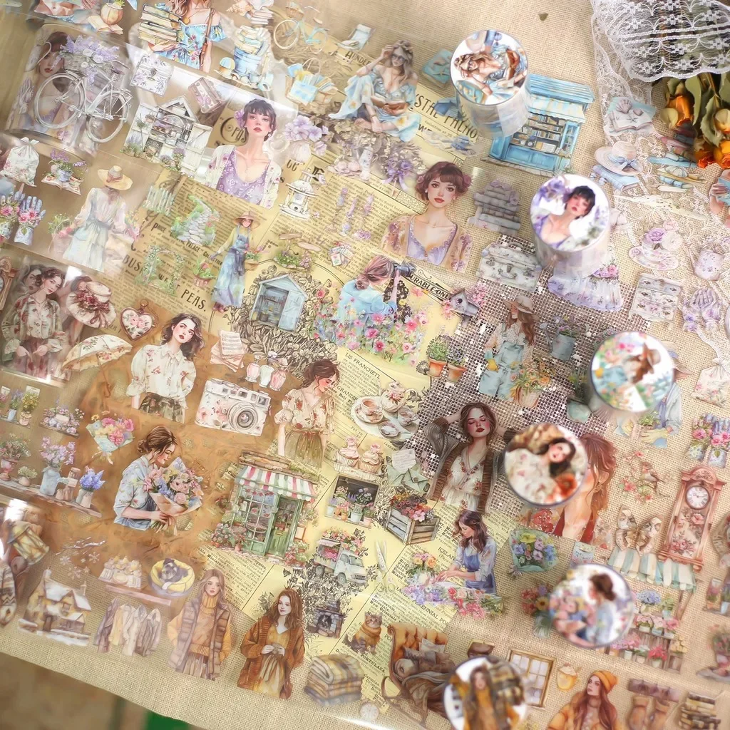 6rolls Junk Journal Girls Tape Sticker PET Karakter Tape Decoratieve Collage Journaling DIY Scrapbooking Versiering Stickers