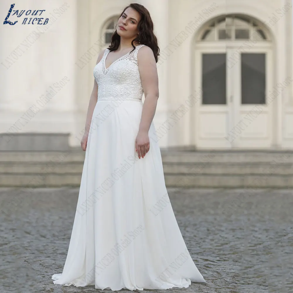 

LAYOUT NICEB V-Neck Plus Size Wedding Dresses Lace Sleeveless Bride Gowns Back Buttons Chiffon vestidos novias boda Custom Made