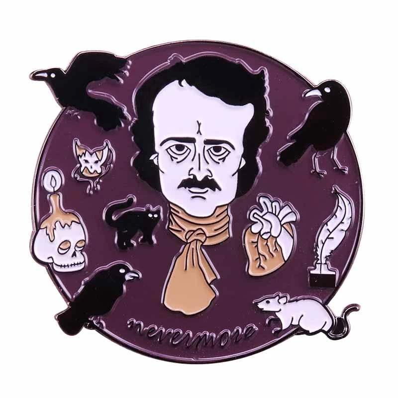 Great writer Poet Edgar Allan Poe brooch Nevermore Raven Crow Brooch Halloween Weird Gothic Horror Pin Literature Bookworm gift