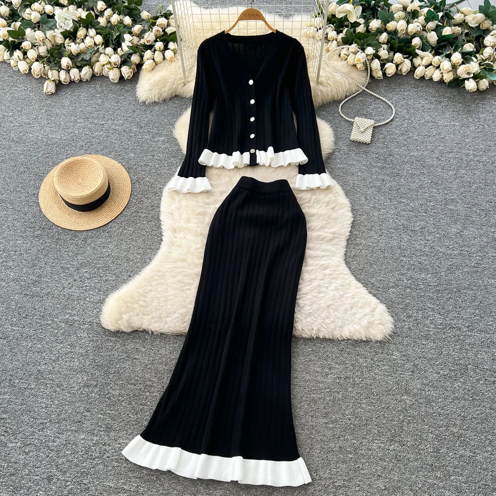 

Women Two Piece Knit Dress Set Spliced Sweater Matching Sets V Neck Cardigan Elastic Waist Skirt Loose Casual 2025 Autumn Winter