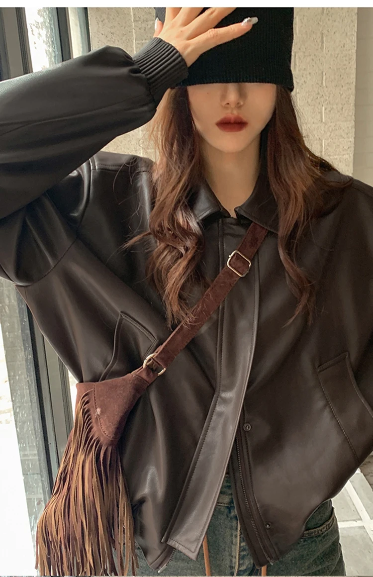 Frühling Herbst übergroße lässige wasserdichte Kaffee weiche Pu Lederjacke Frauen mit Drop Shoulder Langarm Mode