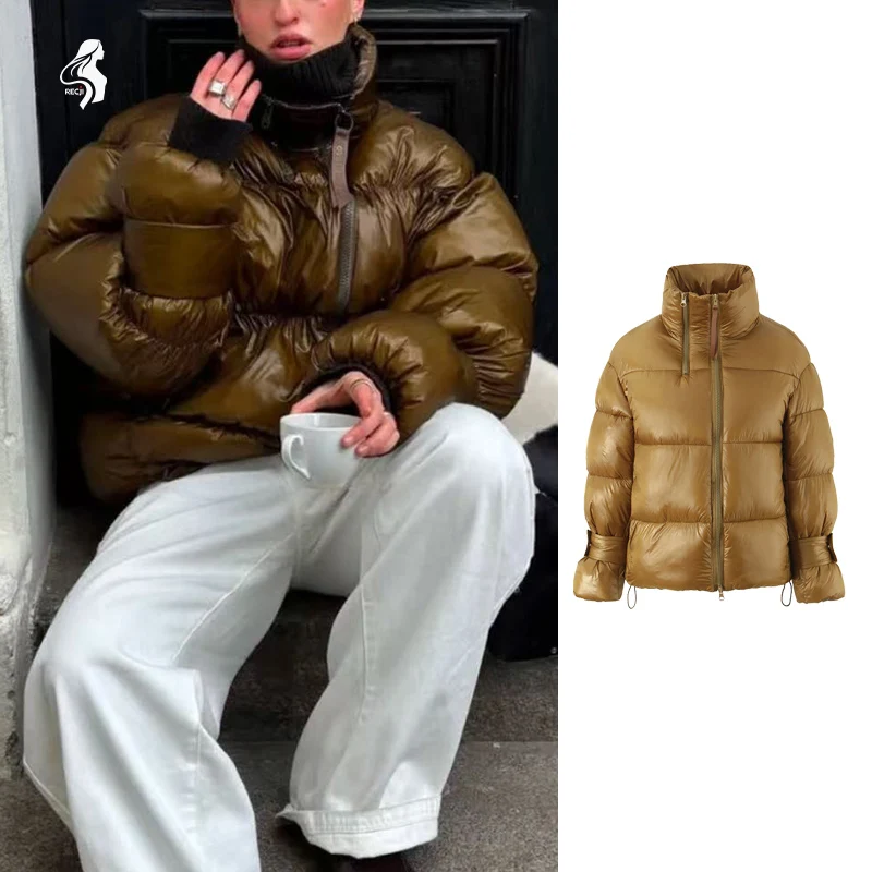 

Womens Cotton Jacket Stand Collar Double Zipper Drawstring Puffer Coat Casual Fashion Jacket Winter Casual Wear Trafizaran