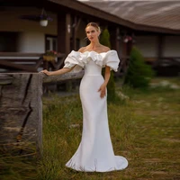 Vestido De novia elegante De sirena De satén con hombros descubiertos, vestido De novia blanco De manga corta con volantes para mujer, bata moderna De boda personalizada