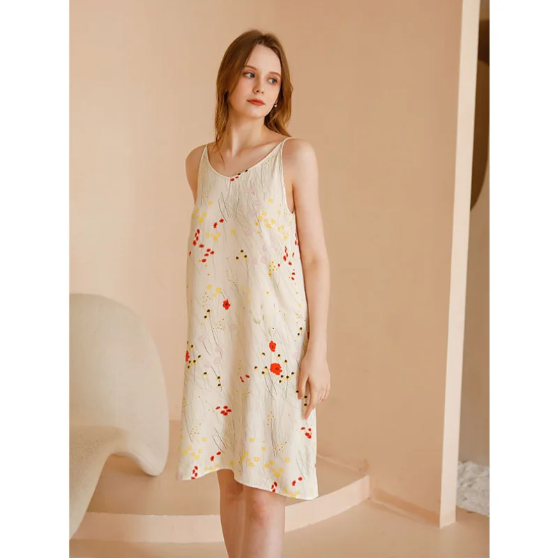 2023 Summer Women's Fresh Floral Satin Nightdress Sleeveless V-Neck Design for Home Spaghetti Strap Viscose Knee-Length Dress