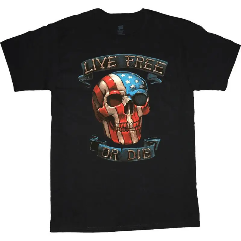 Live Free Or Die Mens T Shirt Biker Skull Us American Flag Tee 2Nd Amendment