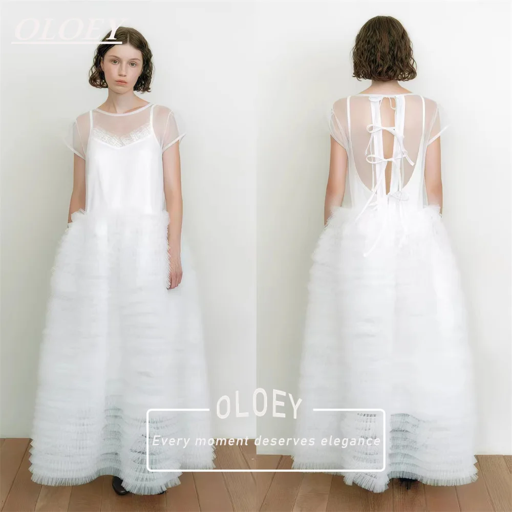 OLOEY Unique A-Line Wedding Dress Korea Photoshoot Floor Length Bridal Gown Customized Pleated Tulle Corset Back