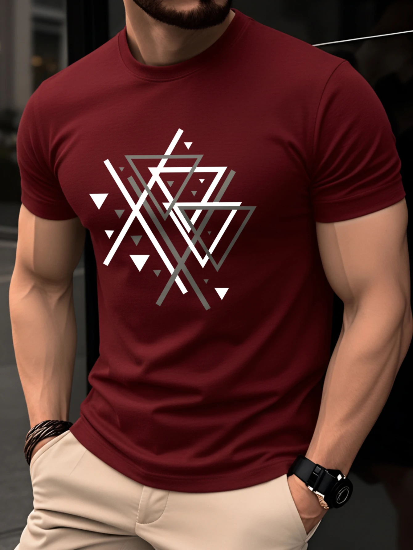 Summer Geometric Overlapping Black Gray and Brown Triangle Pattern Short-Sleeve Shirt Men's Minimalist Casual Short-Sleeve Top