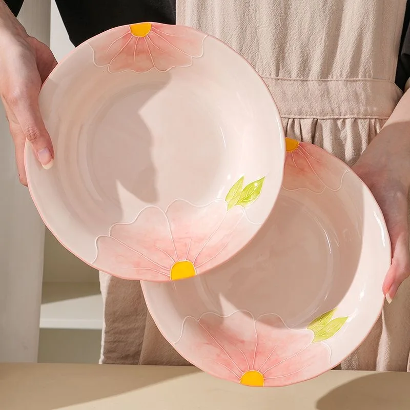 Pink Relief Deep Plate Ins Household Underglaze Color Hand Drawn Serving Plates Fashion Ceramic Western Cuisine Tableware