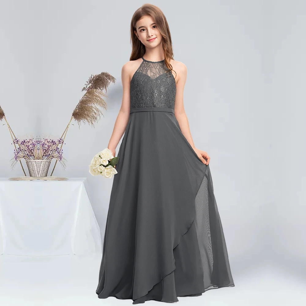 A-line Halter Floor-Length Chiffon Lace Junior Bridesmaid Dress With Cascading Ruffles Steel Grey Flower Girl Dress Kids Weding