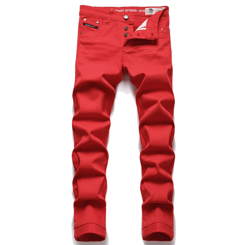 Men's Jeans Red Simple Trend Stretch Slim Pants Mid-Waist Fashion Embroidery Premium Brand Jeans Street Hip Hop Clothing