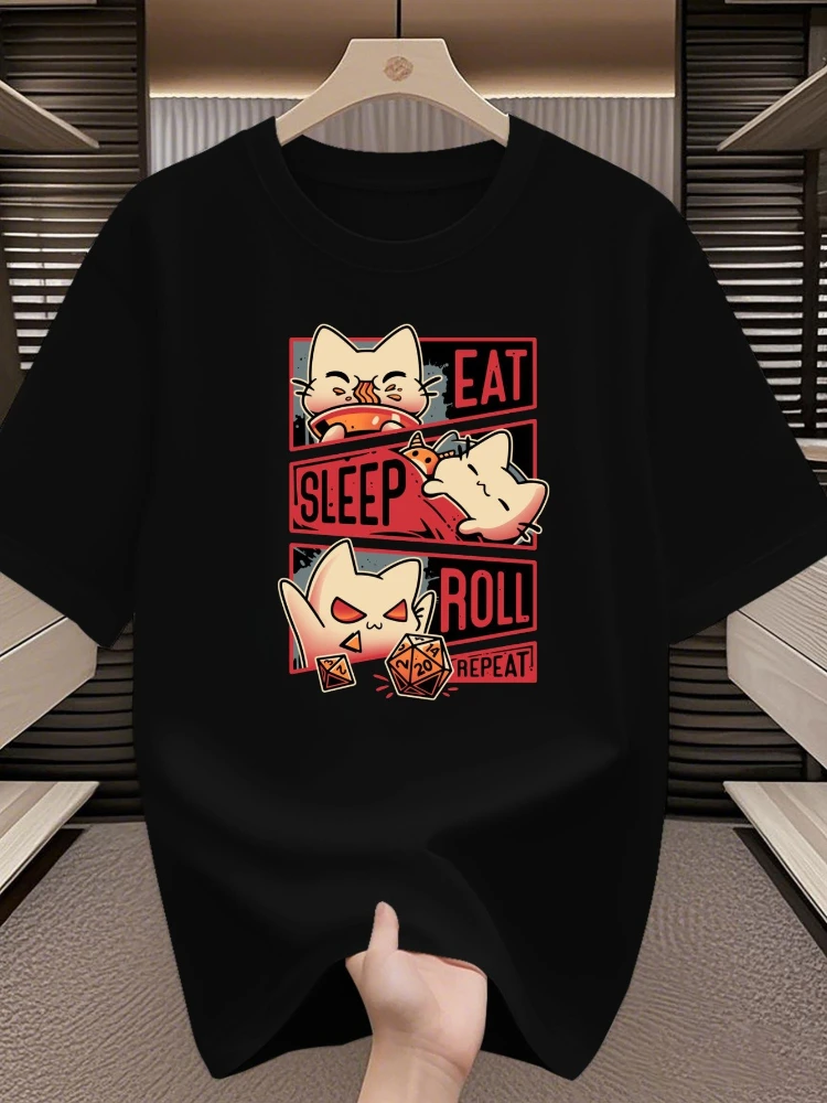 

"Eat Sleep Roll Repeat" Character Dice Gaming Playful Design T-Shirt 100% Cotton O-Neck Short Sleeve Summer Casual Mens T-shirt