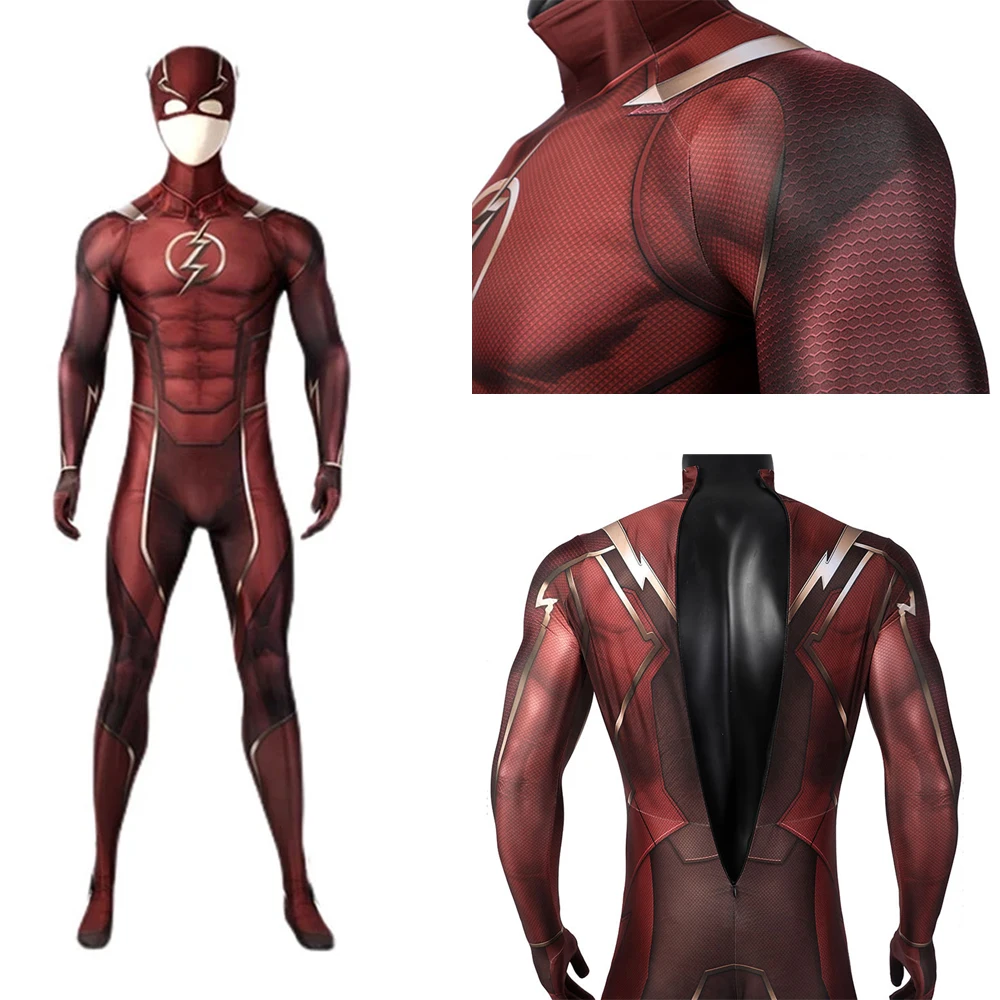 Zentaisuit roter Overall roter Blitz Barry Allen Cosplay Kostüm anpassbare erwachsene Männer Flash Cosplay Bodysuit mit Kopf bedeckung