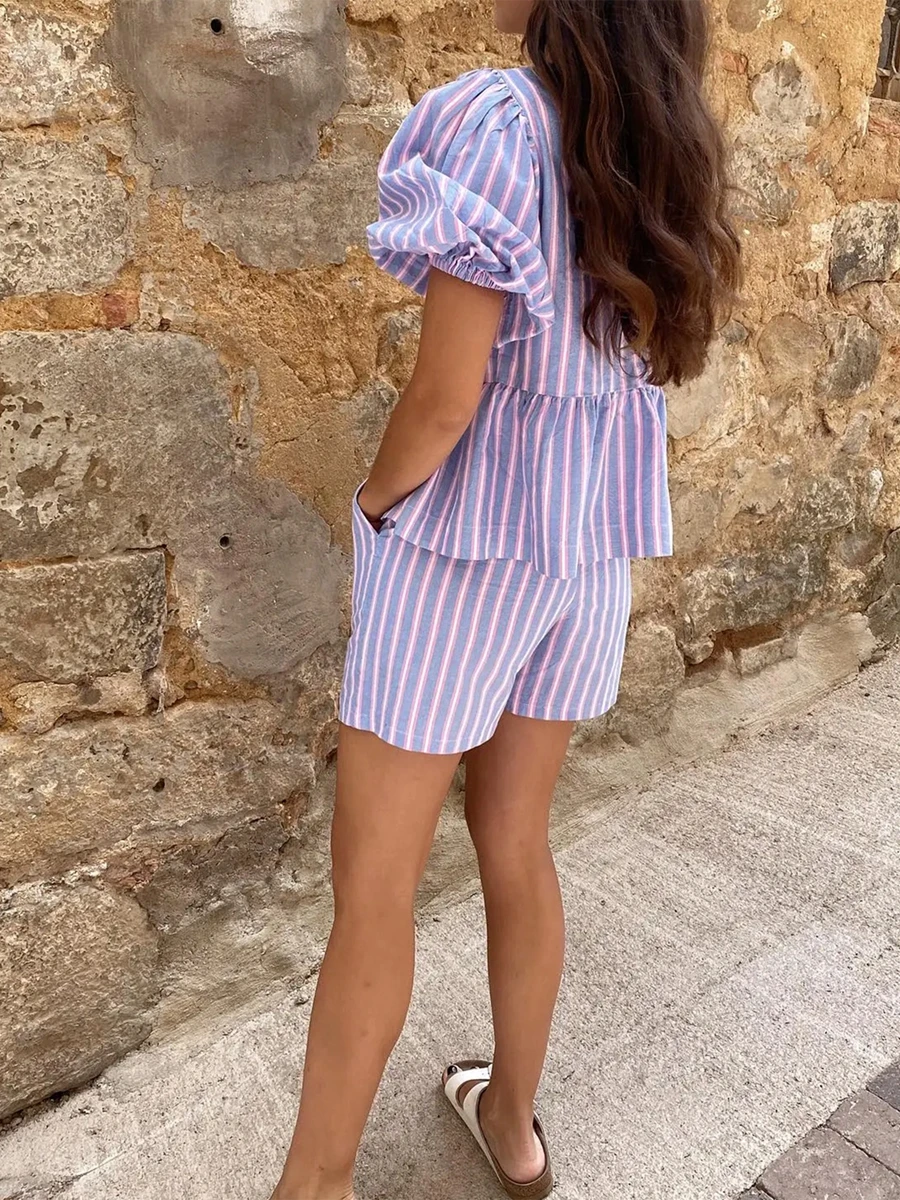 Women Short Sets Striped Short Puff Sleeve Tie-up Bow Shirt with Elastic Waist Shorts Summer Outfit Casual Lounge Set Streetwear