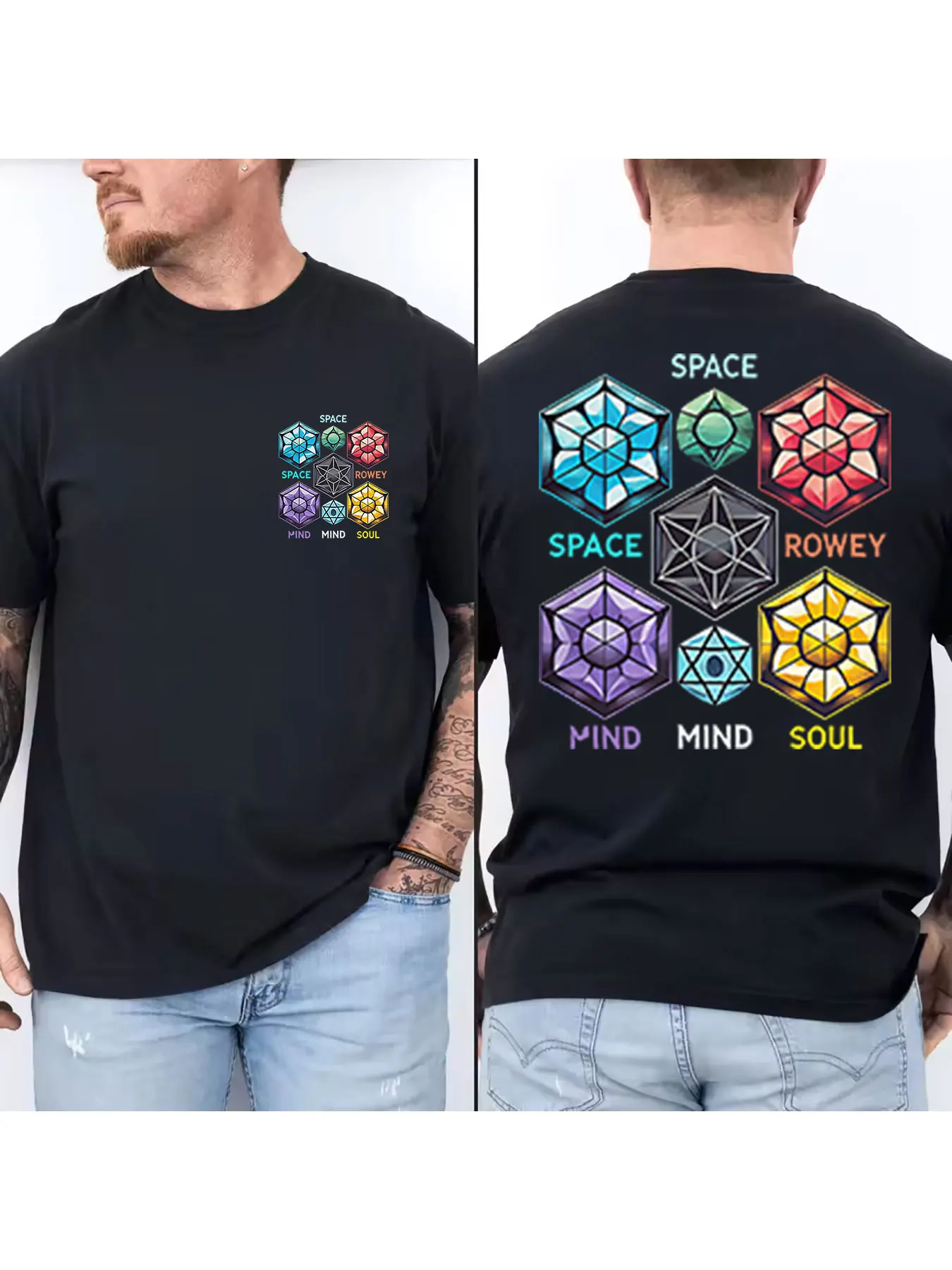 

Men's Cotton T-Shirt with Geometric Stained Glass Style Hexagon Prints, Space Mind Soul Themed Casual Short Sleeve Tee, Breathab