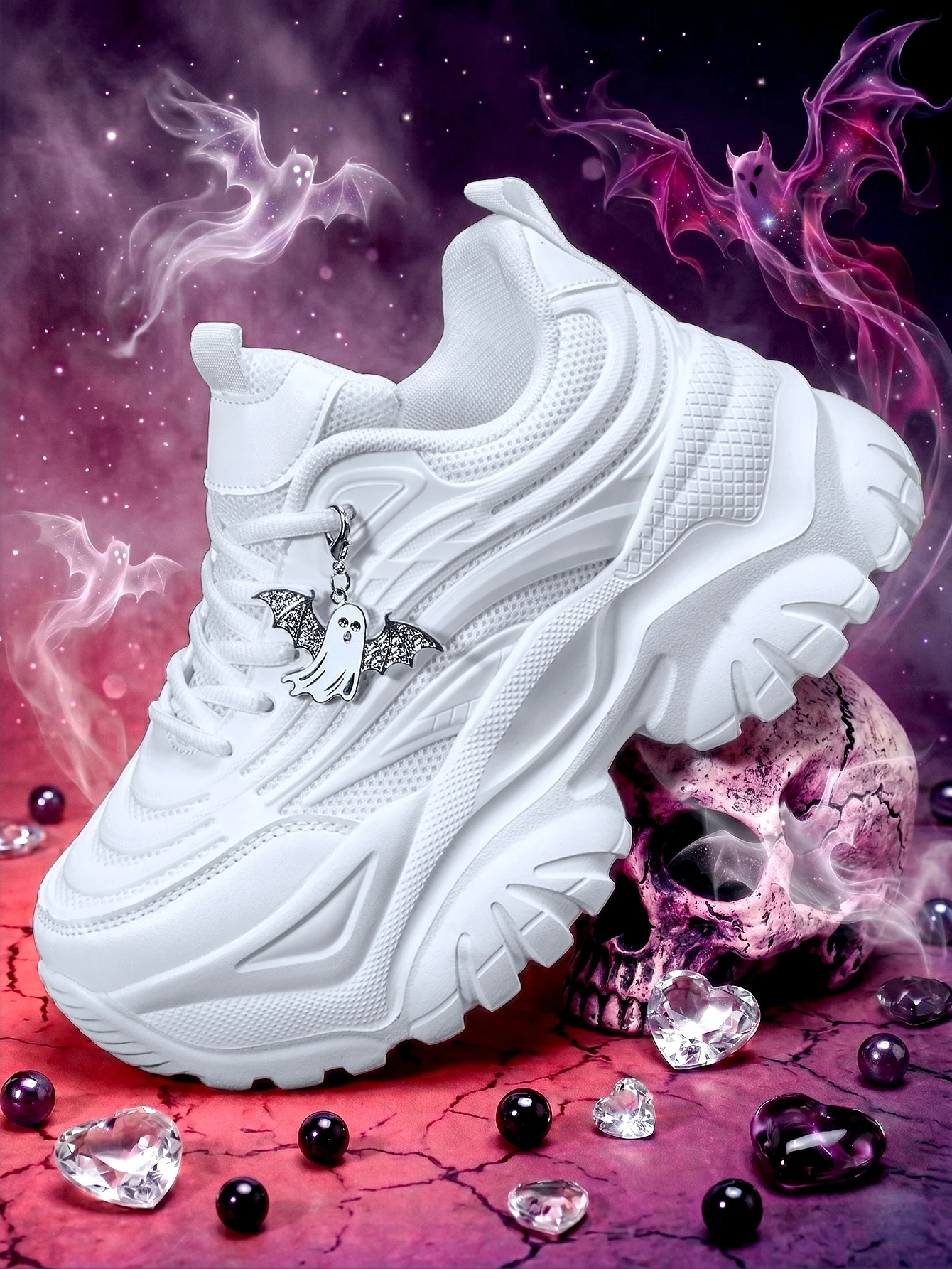 Women's 2026 Sweet Cool Y2K Hot Girl Style Thick-Soled 7CM Height-Increasing Vulcanized Shoes, Versatile Beige Casual Sneakers, Three-Dimensional Patchwork Design with Lightweight Breathable Mesh Upper, Paired with Detachable Silver Ghost Metal Charms, EVA Anti-Slip Wave Sole for Shock Absorption and Comfort, Trendy Shoes for All Seasons