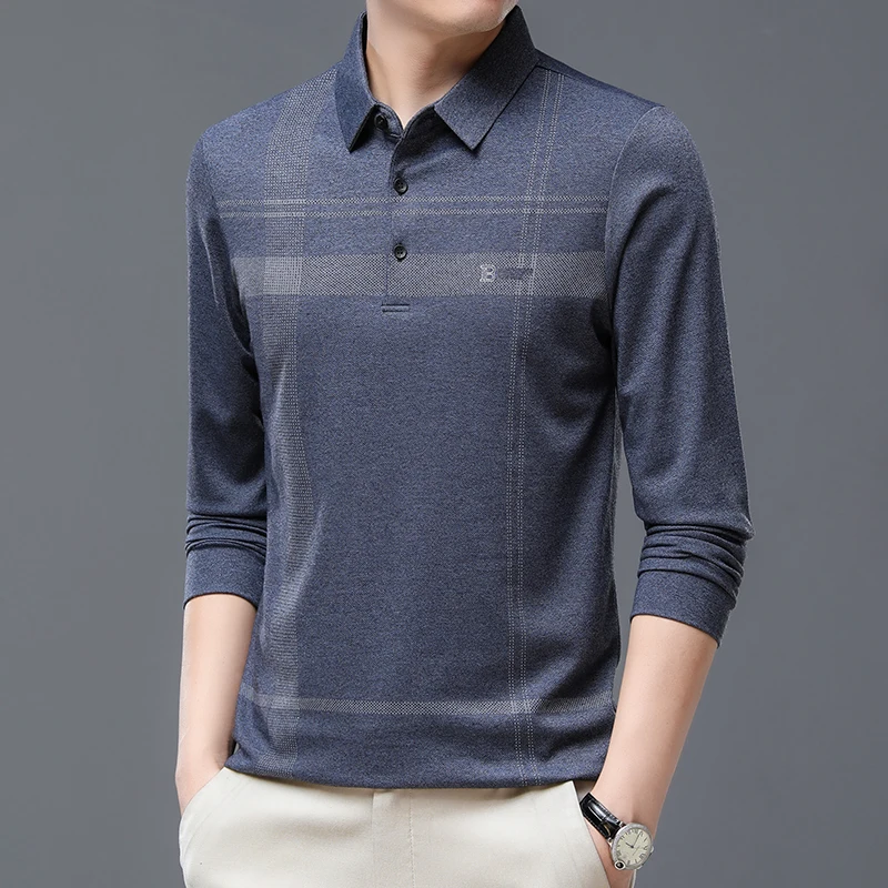 قميص بولو غير رسمي بأكمام طويلة للرجال لخريف 2025 منتج جديد للأعمال بلون سادة تي شيرت غير رسمي متعدد الاستخدامات