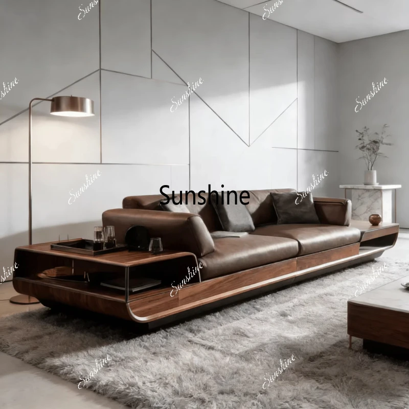 

New Chinese style, classic retro light luxury solid wood leather cloth straight row sofa living room furniture