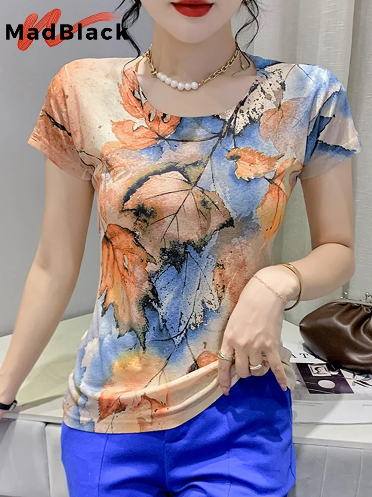 MadBlack Summer European Clothes T-Shirt Fashion Print Cartoon Leaves Women Tops Short Sleeve Street Casual Tees 2022 New T26405