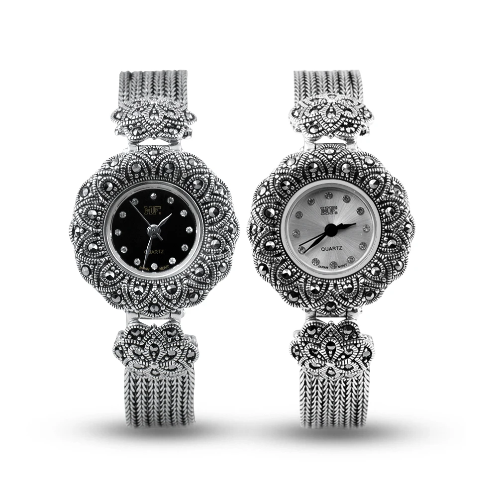 Solid 925 Sterling Silver Thailand Silver  Marcasite Luxury Wrist Watches Wheat Bracelet Women's Quartz Watches Fine Jewelry