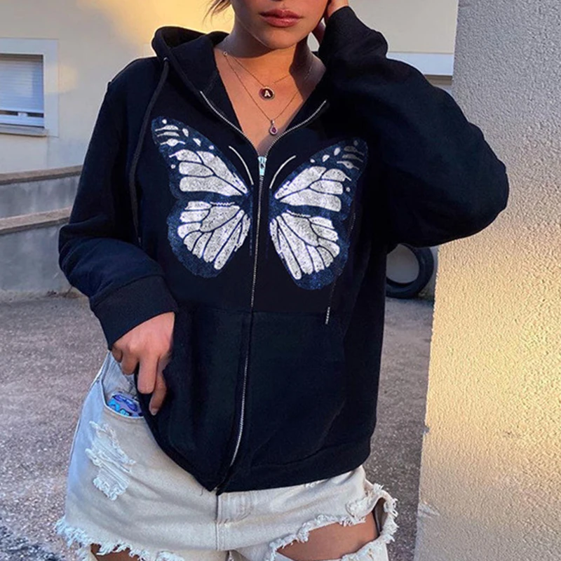 Kawaii Butterfly Graphic Cotton Black Oversized Hoodies Women LadyZip Up Long Sleeve Sweatshirts Streetwear Gray Top Autumn