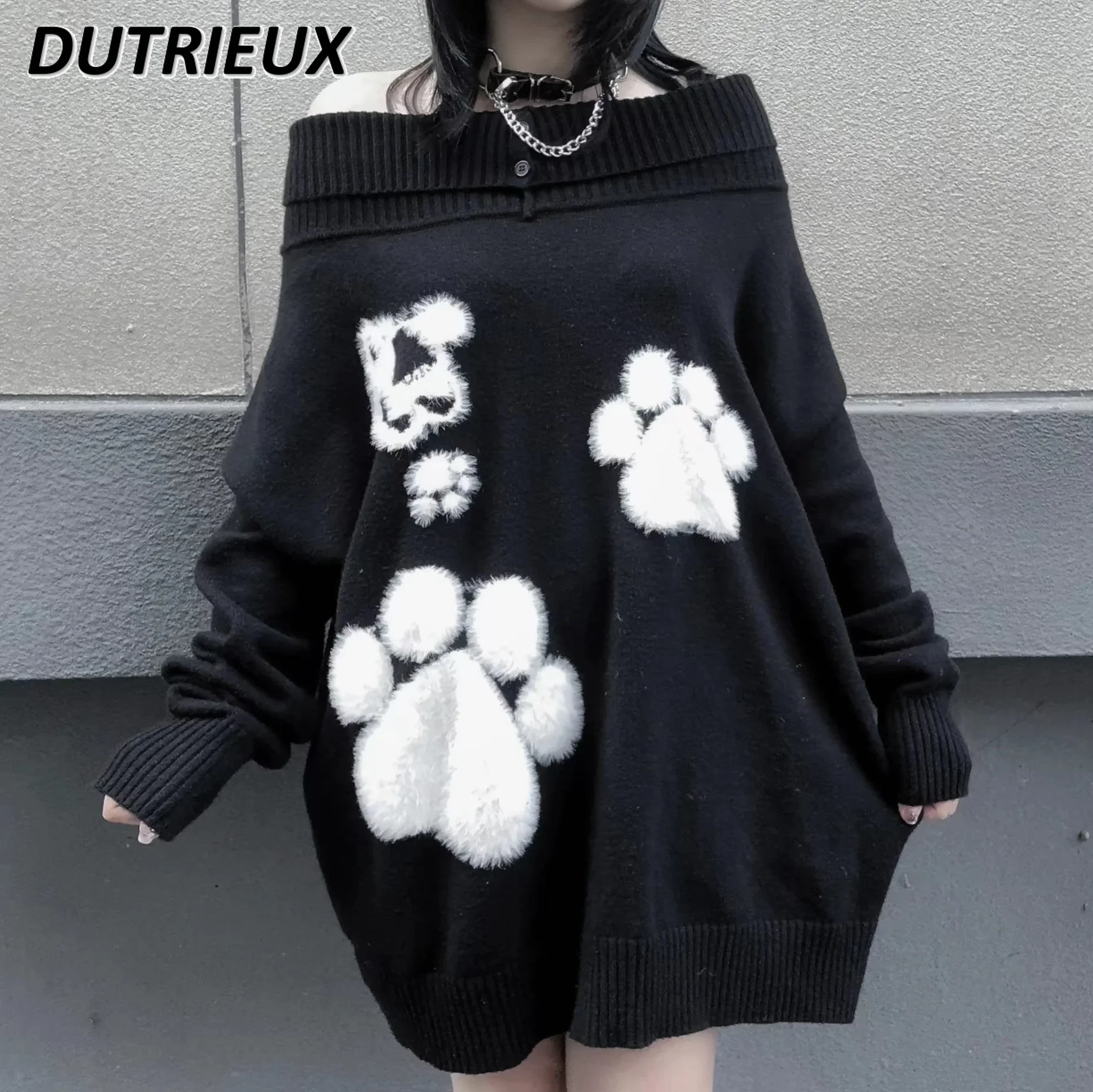 2024 Winter New Puppy Off-Shoulder Long Black Sweater Women Japanese Y2k Off-Shoulder Embroidered Long Sleeve Sweater Pullover