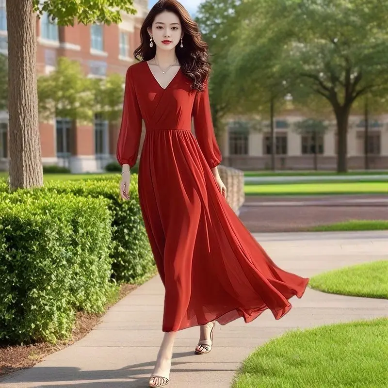 

Весенне-летнее элегантное длинное платье макси с длинным рукавом, приталенное, с широким подолом, для торжественных случаев, новое вечернее платье в винтажном стиле с V-образным вырезом, модель TS939