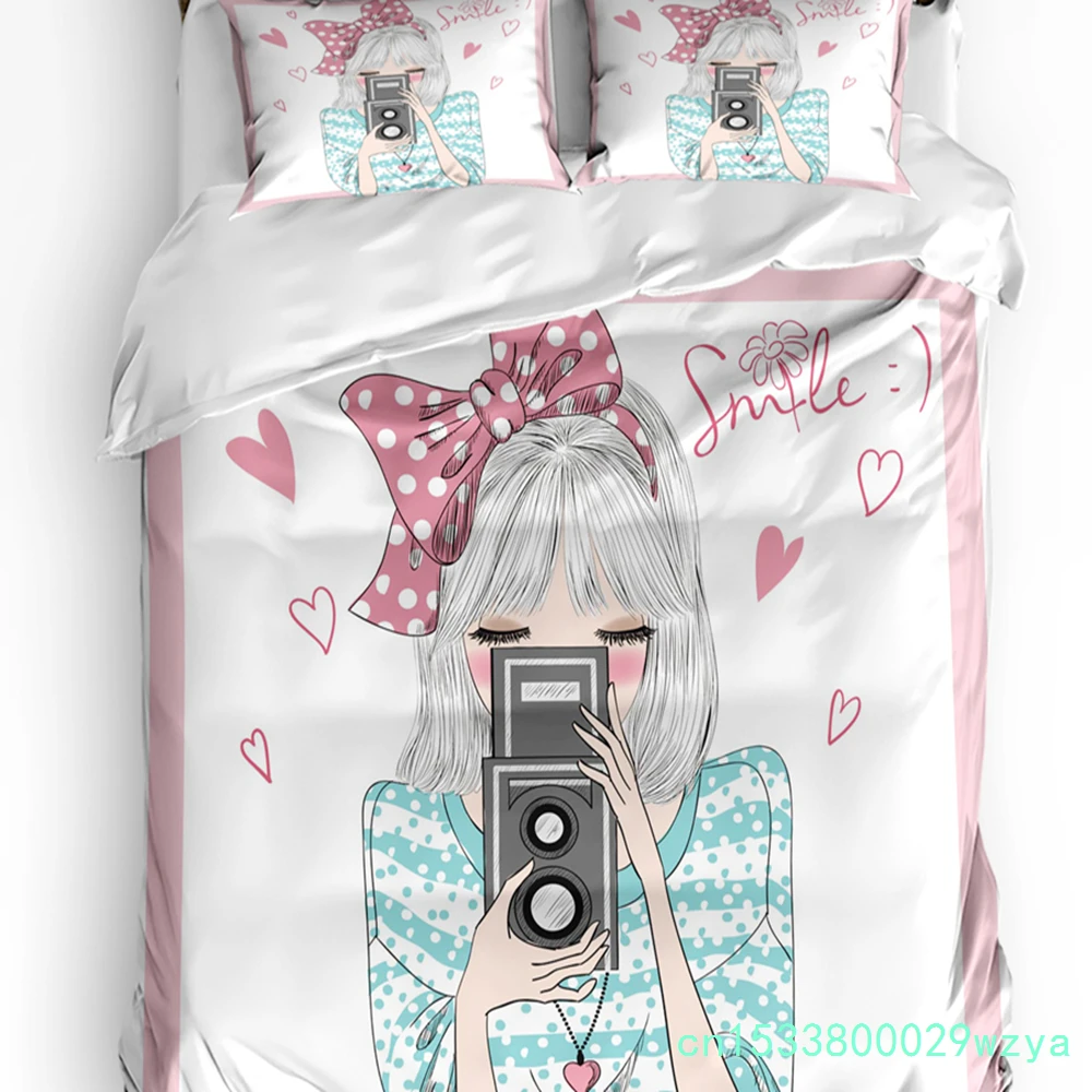 Girl Pink Bow Camera Bedding Set 3pcs Boys Girls Duvet Cover Pillowcase Kids Adult Quilt Cover Double Bed Set Home Textile