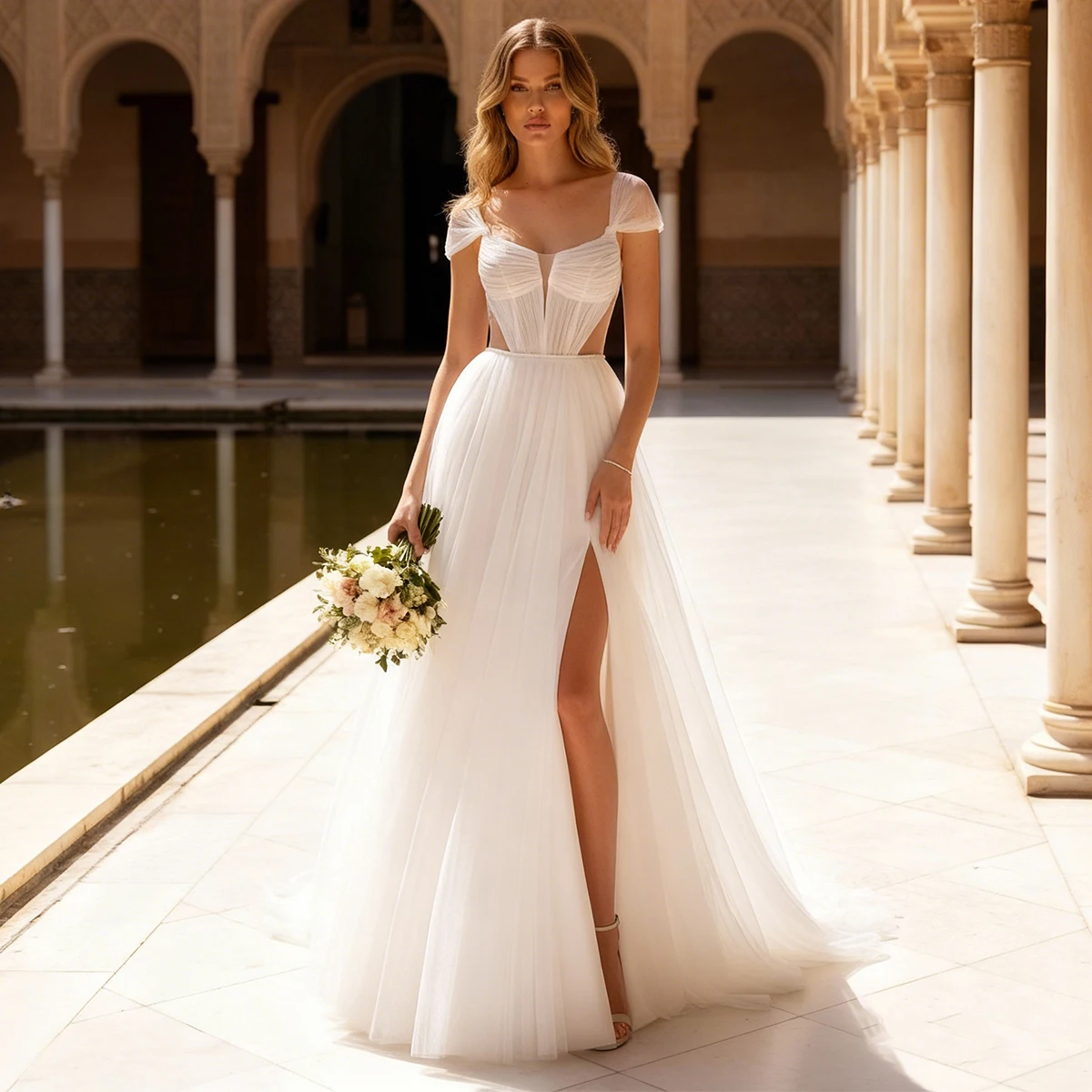 

Романтическое свадебное платье с короткими рукавами из фатина, пышное, с шлейфом, длинное, А-силуэт, с разрезом, Vestidos Novia