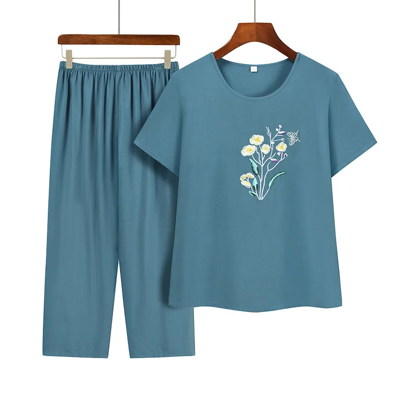 Ensemble de pyjama d'été pour mère d'âge moyen, vêtements de maison pour femmes, vêtements de nuit brodés, col rond, pantalon capri, 2 pièces