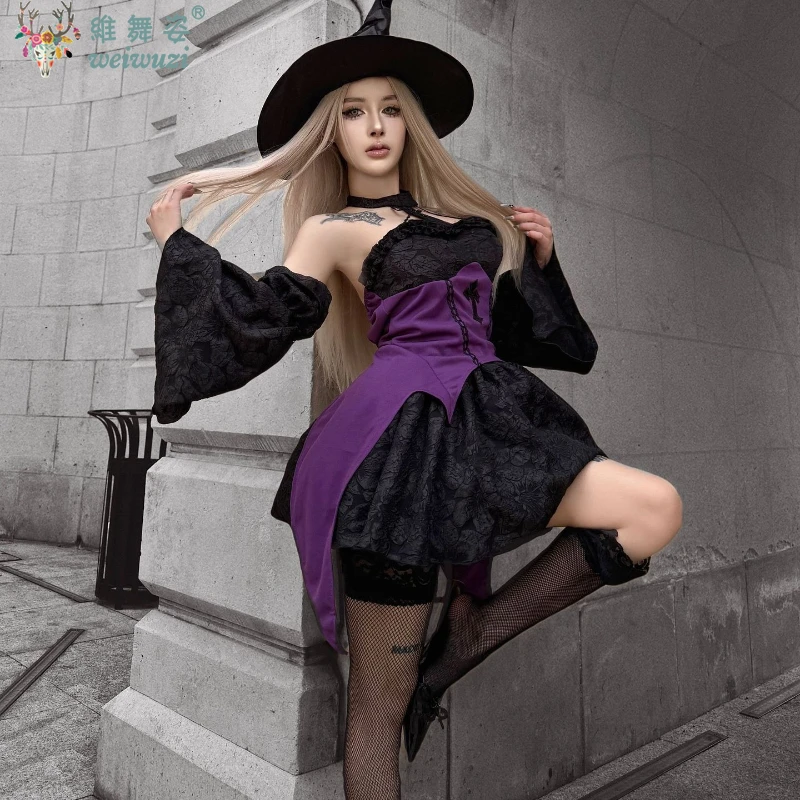 

Anime Punk Style Witch Cosplay Costume Adult Carnival Party Evil Wizard Dress Black Halter Neck Dress Women's Fancy Dress Suit