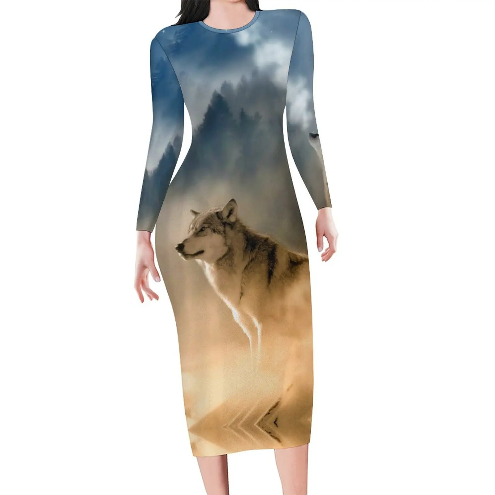 Awesome Wolf Bodycon Dress Autumn Stars Galaxy Sexy Dresses Female Long Sleeve Graphic Street Wear Dress 3XL 4XL 5XL