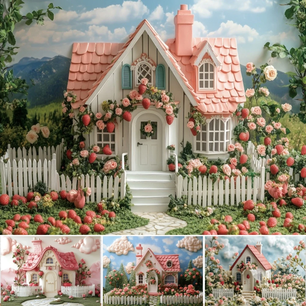 Spring Strawberry House Backdrop Kids Portrait Pink Floral Fence Log Cabin Girl Birthday Party Banner Background For Photography