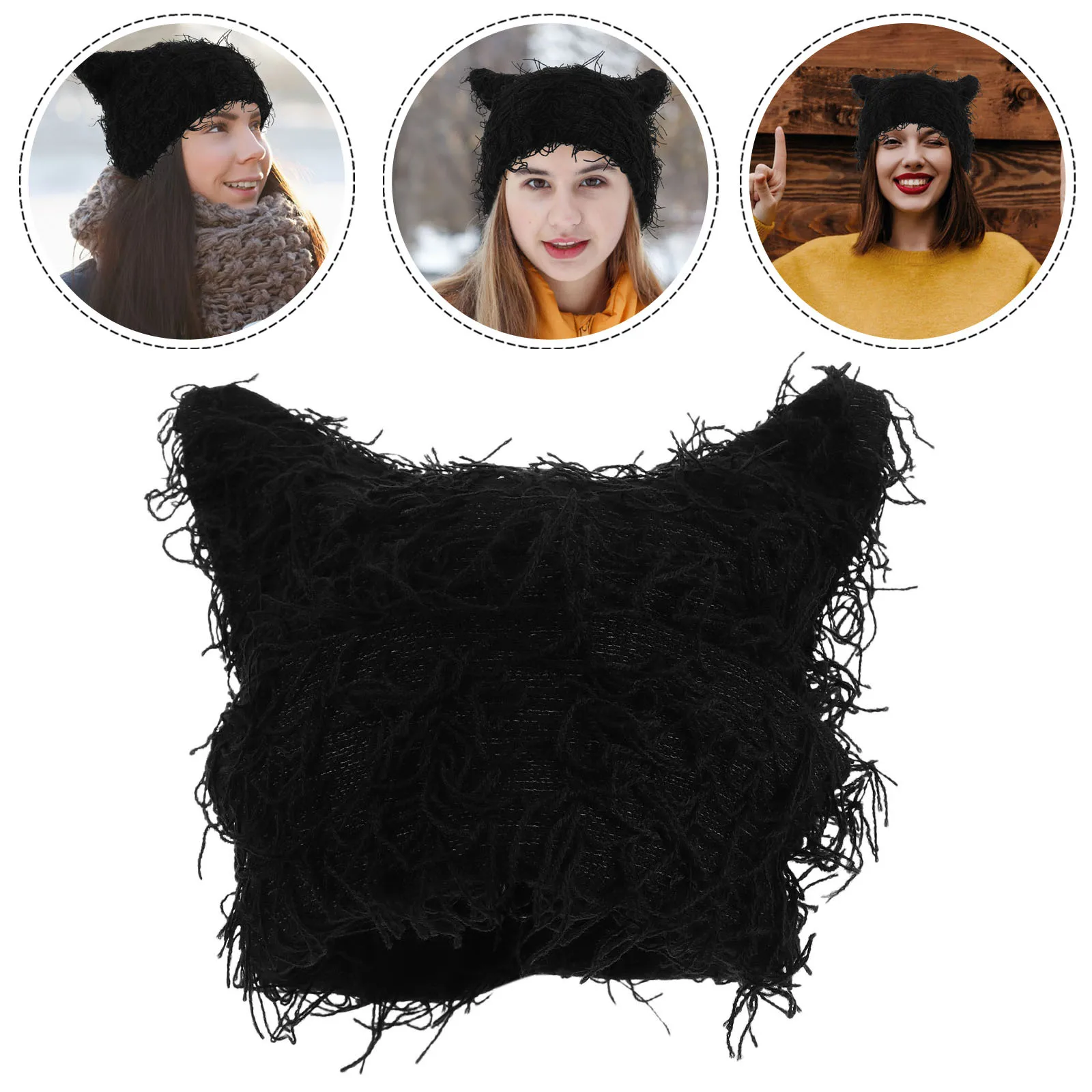 

Knitted Cat Ear Beanie Thick Warm Winter Hat Black Cute Cap Outdoor Activities Cold Weather Fuzzy Cat Beanie