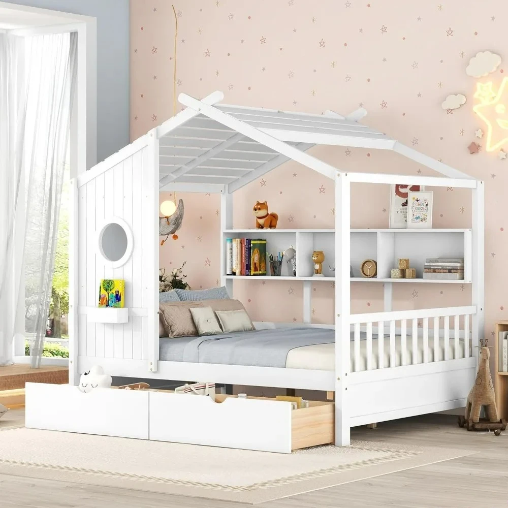 

Full Size House Bed with 2 Storage Drawers,Full Kids Bed with Storage Shelves,Wooden House Bed Frame
