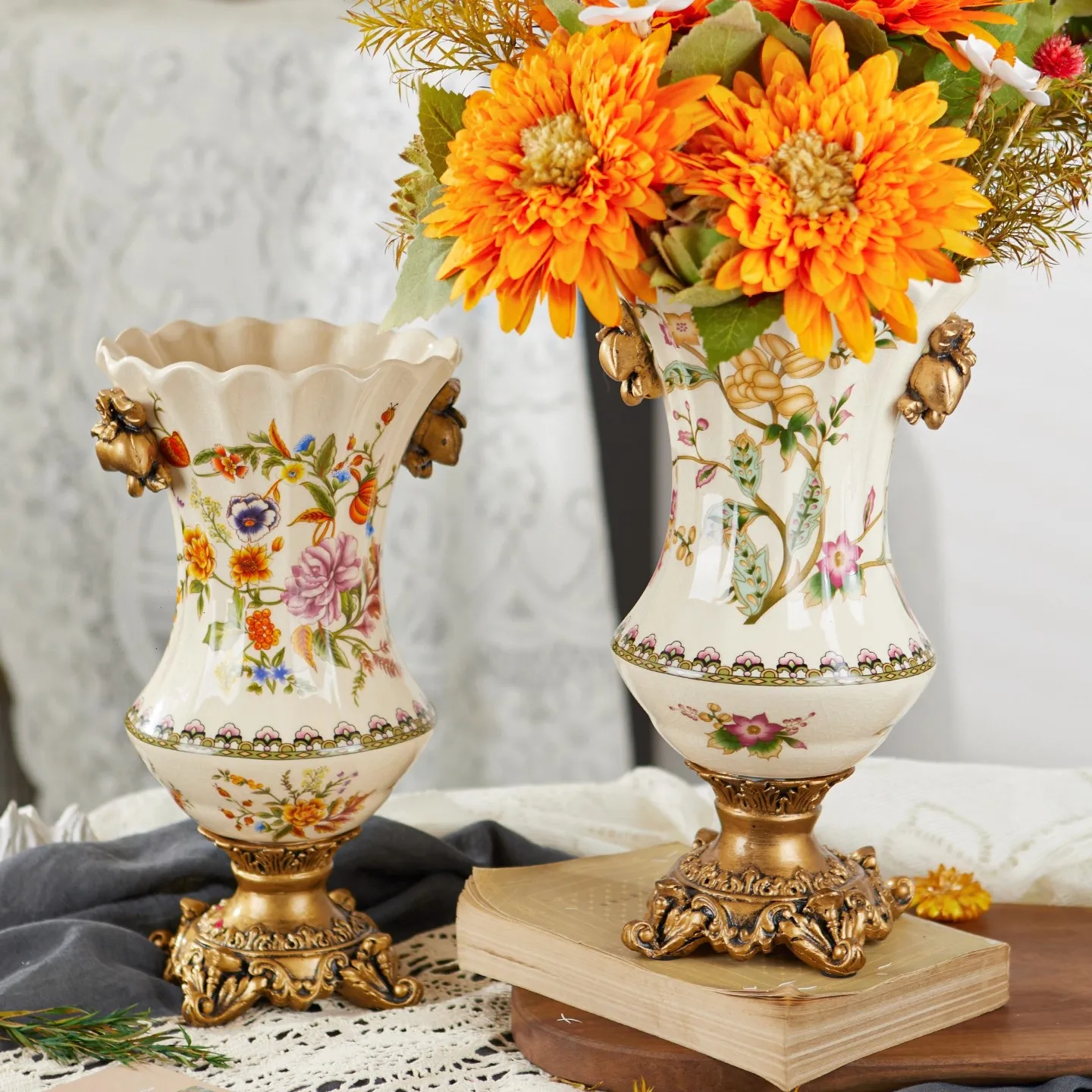

American retro ice cracked ceramic vase creative home decoration European double ear high foot vase