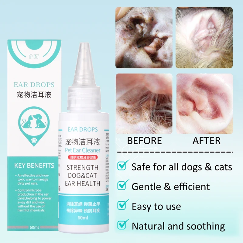 60ml Cat Dog Ear Cleaner Pet Wash Ear Drops Infection Control Yeast Mites Removes Mites Scientific Formula Pet Supplies